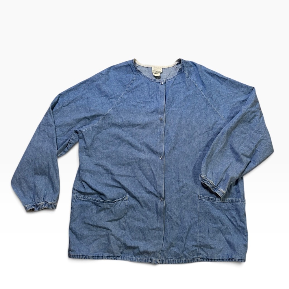 Vintage Fundamentally Cotton Denim Snap Front Jacket Blue Chore Smock Large